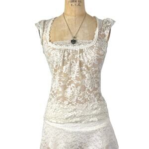 Y2K Coquette Cream Floral Lace Babydoll Sequin Top Cap Sleeve Size M Sheer Fairy